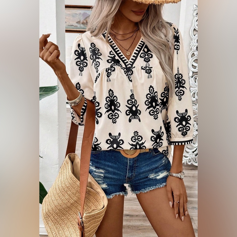 Beige Vintage Geometric Printed 3/4
Sleeve V Neck Blouse Brand New in Package